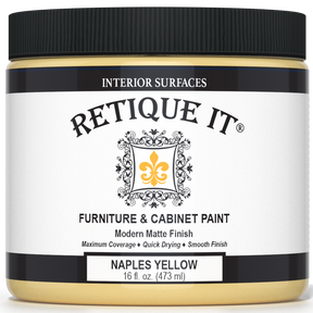 Retique It Furniture & Cabinet Paint in Naples Yellow, 16 fl. oz. jar with a black lid and modern matte finish label.
