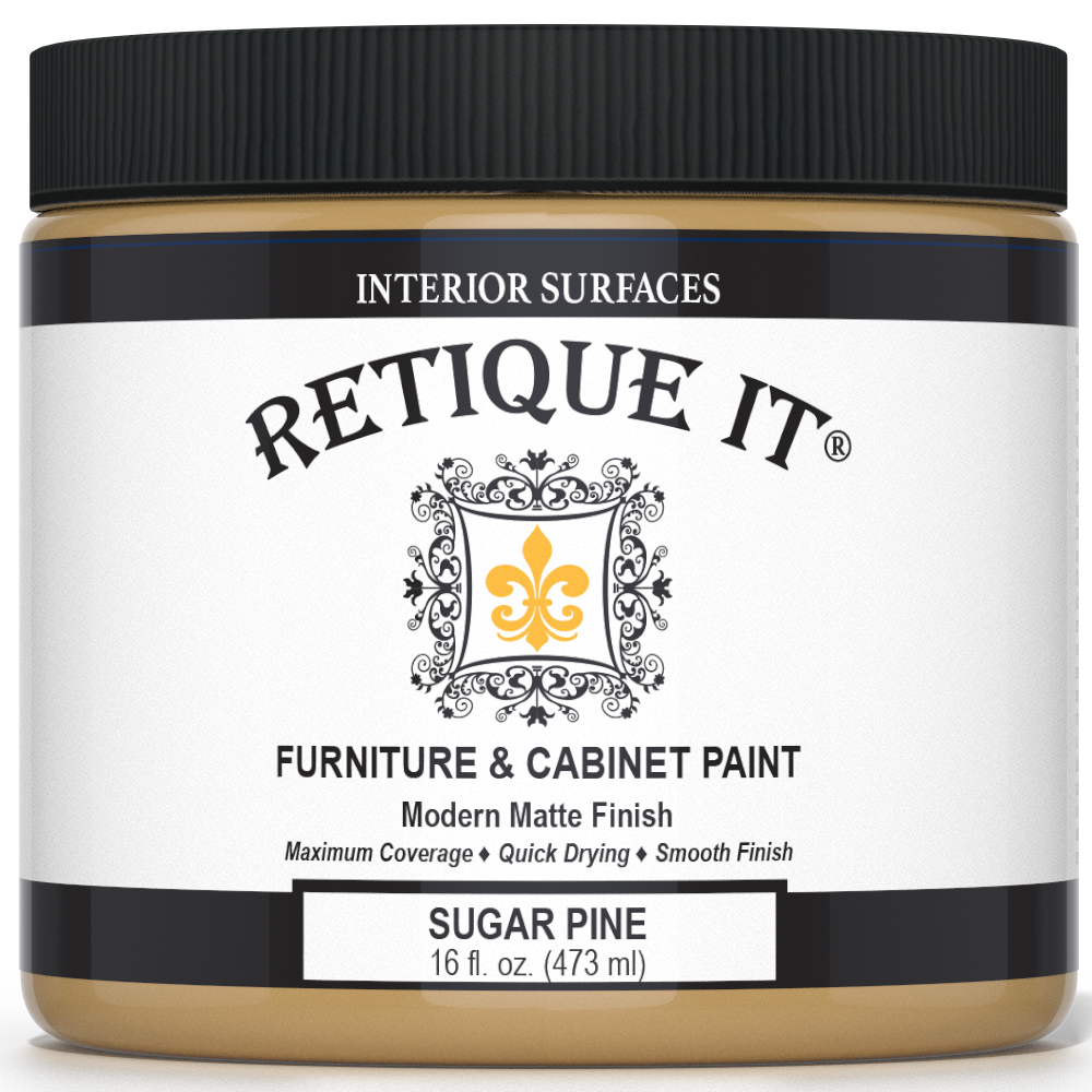 Retique It Furniture & Cabinet Paint in Sugar Pine, 16 fl. oz. jar with a black lid and modern matte finish label.