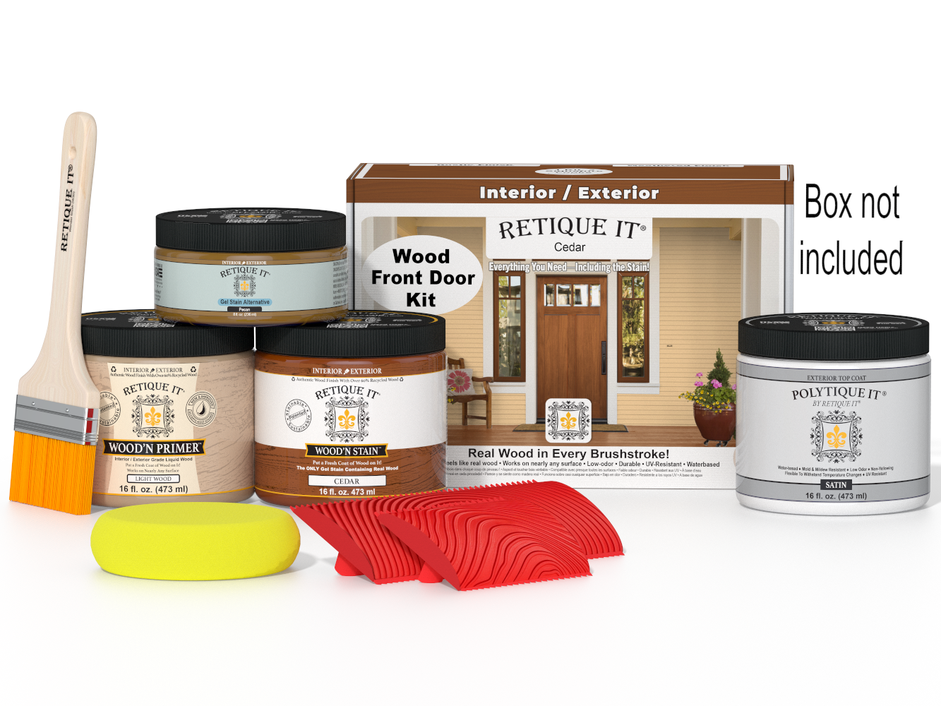 Retique It® Wood'n Finish cedar front door kit with stain, featuring a natural wood grain appearance and included accessories.
