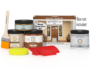 Retique It® Wood'n Finish cedar front door kit with stain, featuring a natural wood grain appearance and included accessories.