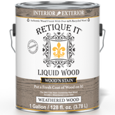 Retique It Liquid Wood Wood'n Stain in weathered wood finish, 128 oz bottle, shown in a front view with stained wood surface.