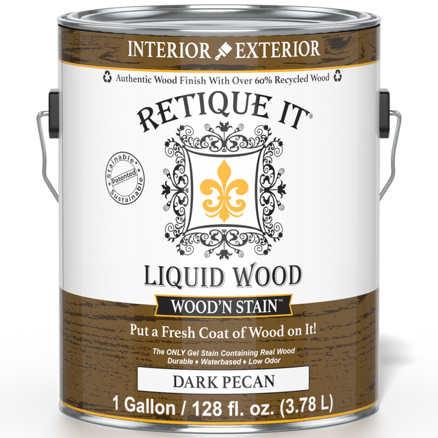Retique It Liquid Wood Wood'n Stain in Dark Pecan, 128 oz bottle, showcasing the stain's rich, dark wood finish.