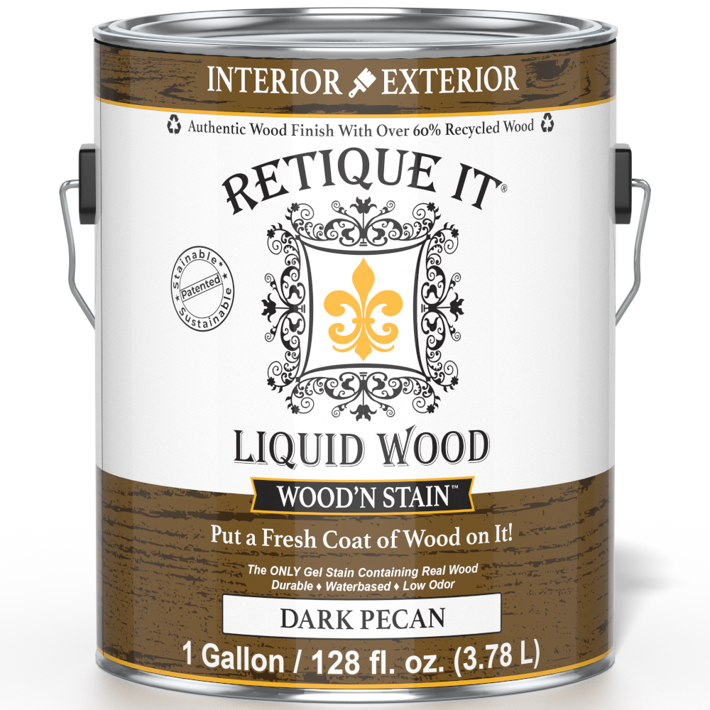Retique It Liquid Wood Wood'n Stain in Dark Pecan, 128 oz bottle, showing the stain's rich dark pecan color and product label.