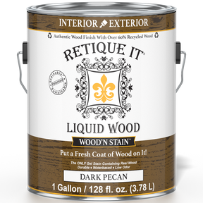 Retique It Liquid Wood Wood'n Stain in Dark Pecan, 128 oz bottle, showing the stain's rich dark pecan color and product label.