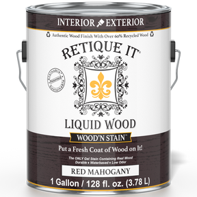 Liquid Wood Wood'n Stain by Retique It in Red Mahogany, 128 oz, showing the stain container with red mahogany color and product label.