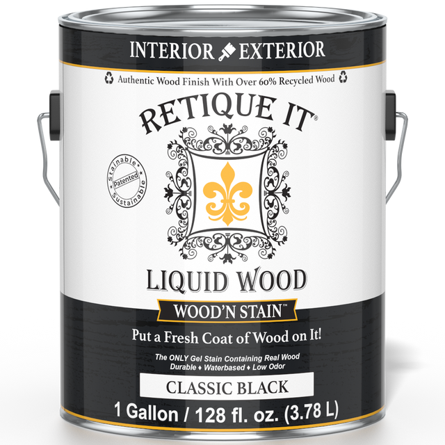 Retique It Liquid Wood Wood'n Stain in Classic Black, 128 oz, front view showing the stain's smooth application on wood surface.