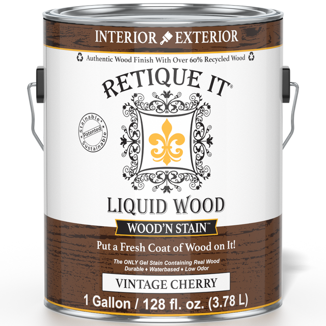 Retique It Liquid Wood Wood'n Stain in Vintage Cherry, 128 oz bottle, showing the front label and product packaging.