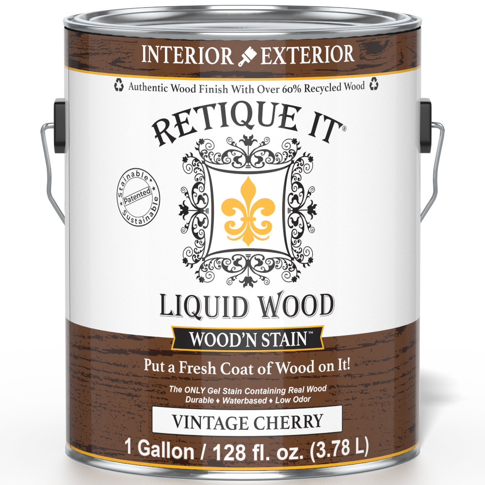 Retique It Liquid Wood Wood'n Stain in Vintage Cherry, 128 oz container, showing the stain's rich cherry color and front label.
