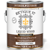 Retique It Liquid Wood Wood'n Stain in Vintage Cherry, 128 oz container, showing the stain's rich cherry color and front label.