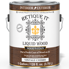 Retique It Liquid Wood Wood'n Stain in Vintage Cherry, 128 oz container, showing the stain's rich cherry color and front label.