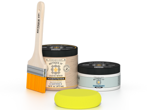 Retique It® White Wash Multipurpose Kit contents with Liquid Wood primer, White Wash gel stain alternative, paintbrush, and yellow sponge.