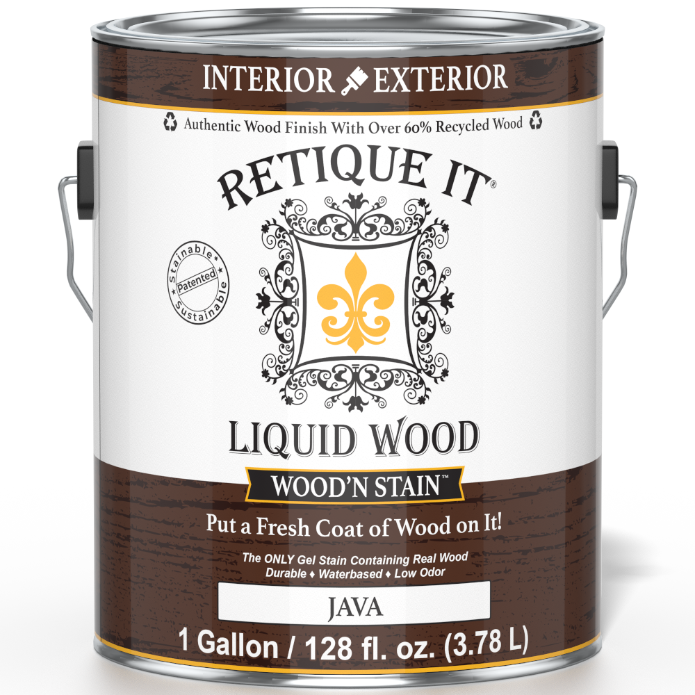 Liquid Wood Wood'n Stain by Retique It in Java color, 128 oz, showing the front label and product packaging for wood stain application.