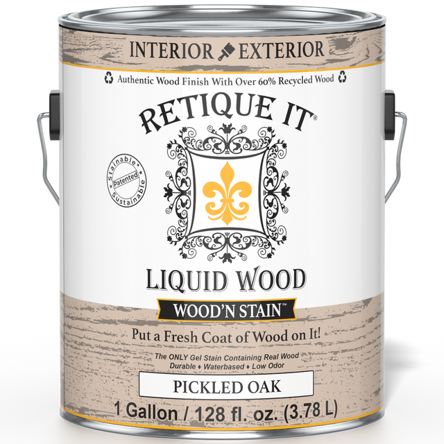 Retique It Liquid Wood Wood'n Stain in Pickled Oak, 128 oz container, showing the front label with stain color and branding.