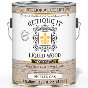 Retique It Liquid Wood Wood'n Stain in Pickled Oak, 128 oz, showing the front view of the stain container with label details.