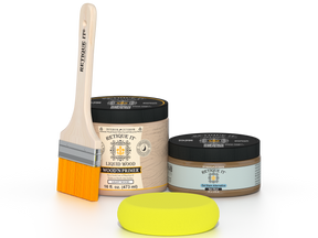 Retique It Barn Wood Kit with Light Wood Wood'n Primer, Barn Wood Gel Stain Alternative, paintbrush, and yellow sponge.