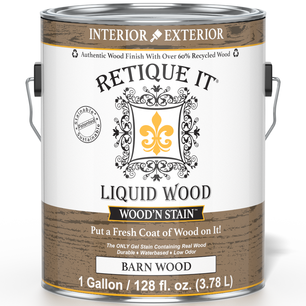 Retique It Liquid Wood Wood'n Stain in Barn Wood color, 128 oz, showcasing the stain applied to wood for a natural finish.