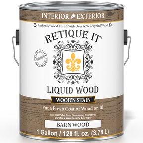 Retique It Liquid Wood Wood'n Stain in Barn Wood color, 128 oz, showcasing the stain applied to wood for a natural finish.