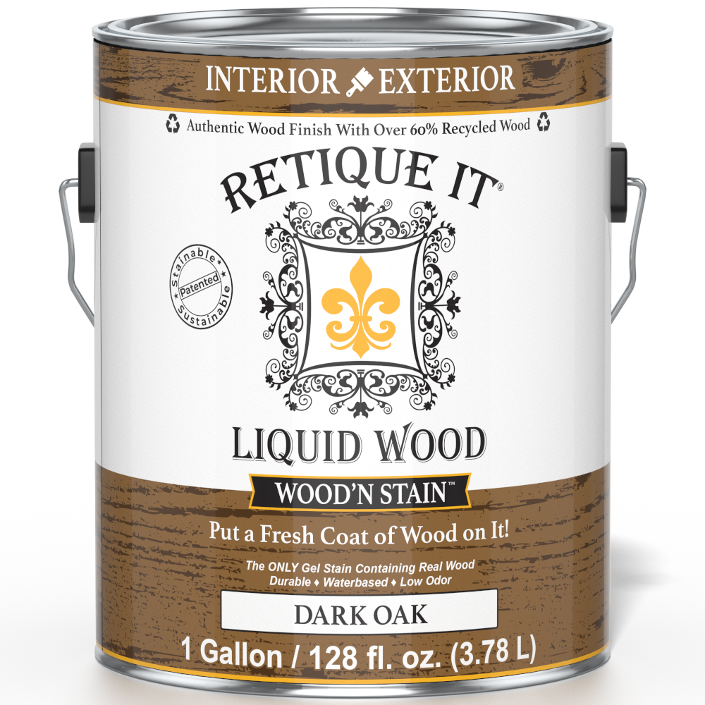 Retique It Liquid Wood Wood'n Stain in Dark Oak, 128 oz, showing the front label of the stain container.