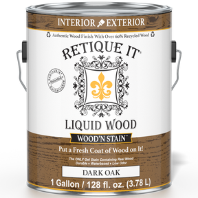 Retique It Liquid Wood Wood'n Stain in Dark Oak, 128 oz, showing the front label of the stain container.