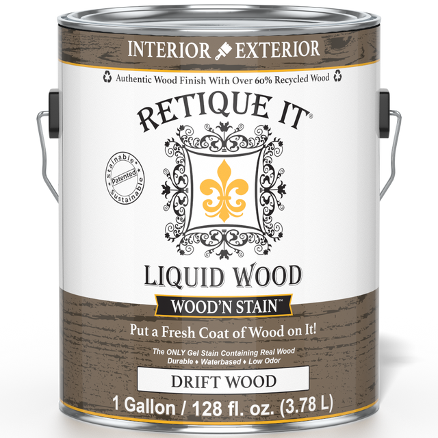 Retique It Liquid Wood Wood'n Stain in Drift Wood, 128 oz, showing the front label with stain color and product branding.