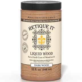 Retique It® Liquid Wood interior paint in 32oz dark finish, shown on a wooden surface with a smooth, even application.