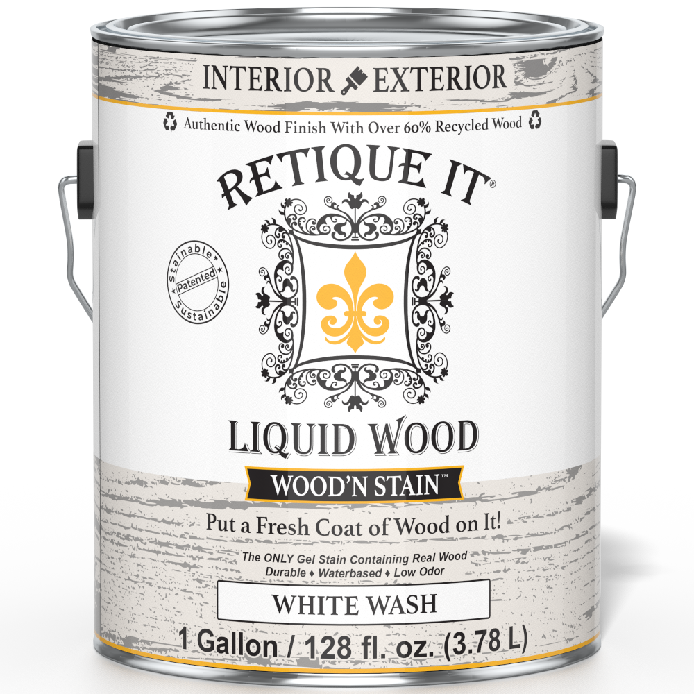 Retique It Liquid Wood Wood'n Stain in White Wash, 128 oz, showing the front of the stain bottle with product label.