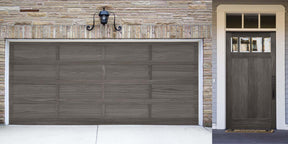 Retique It Wood'n Finish Kit in Harbor Gray, exterior top coat applied to a garage door with a textured, woodgrain appearance.