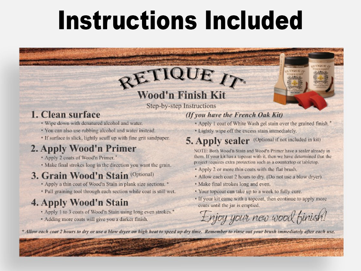 Retique It Decking Wood'n Kit in Harbor Gray stain with front instruction sheet showing application steps.