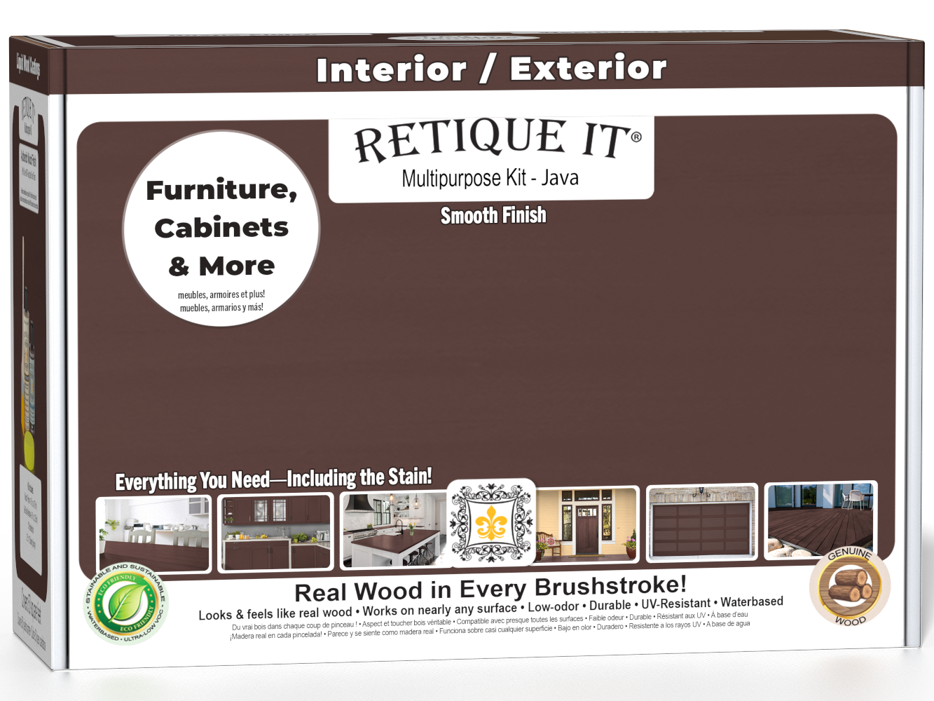 Retique It® Java Multi-purpose Smooth Finish Kit for wood, featuring a box with finish containers and application tools.