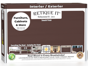 Retique It® Java Multi-purpose Smooth Finish Kit for wood, featuring a box with finish containers and application tools.