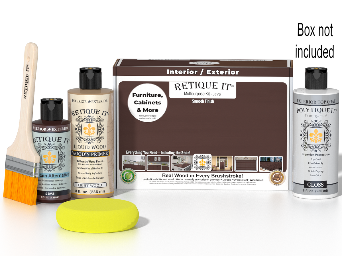 Retique It Multi-purpose Smooth Finish Kit in Java for wood exterior top coat with glossy finish, includes application tools.