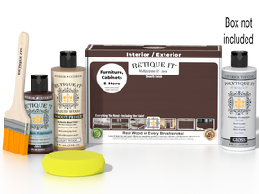 Retique It® Multi-purpose Smooth Finish Kit in Java for wood exterior top coat with glossy finish, includes application tools.