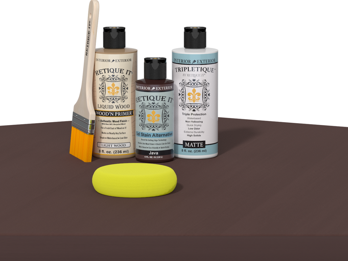 Retique It® Multi-purpose Smooth Finish Kit in Java for interior wood top coats, shown on a wooden table.