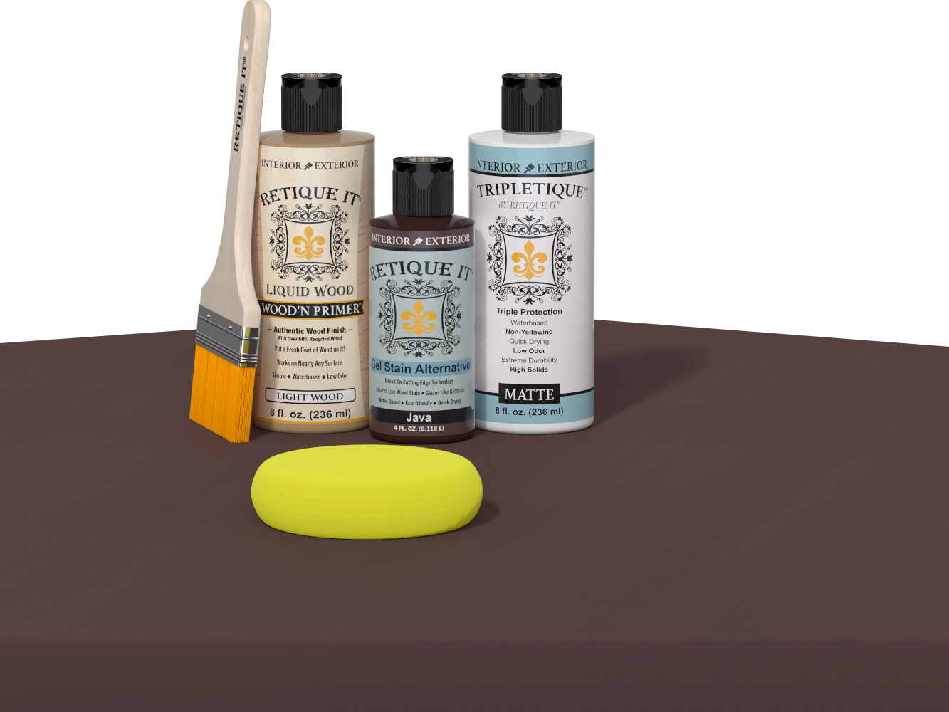 Retique It® Multi-purpose Smooth Finish Kit in Java for interior wood top coats, shown on a wooden table.