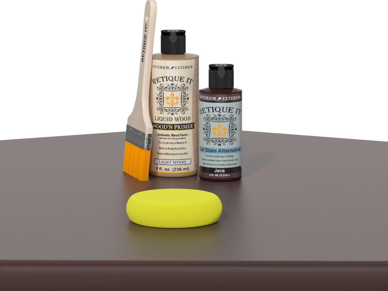 Retique It® Multi-purpose Smooth Finish Kit in Java for wood finishing, shown on a table surface.