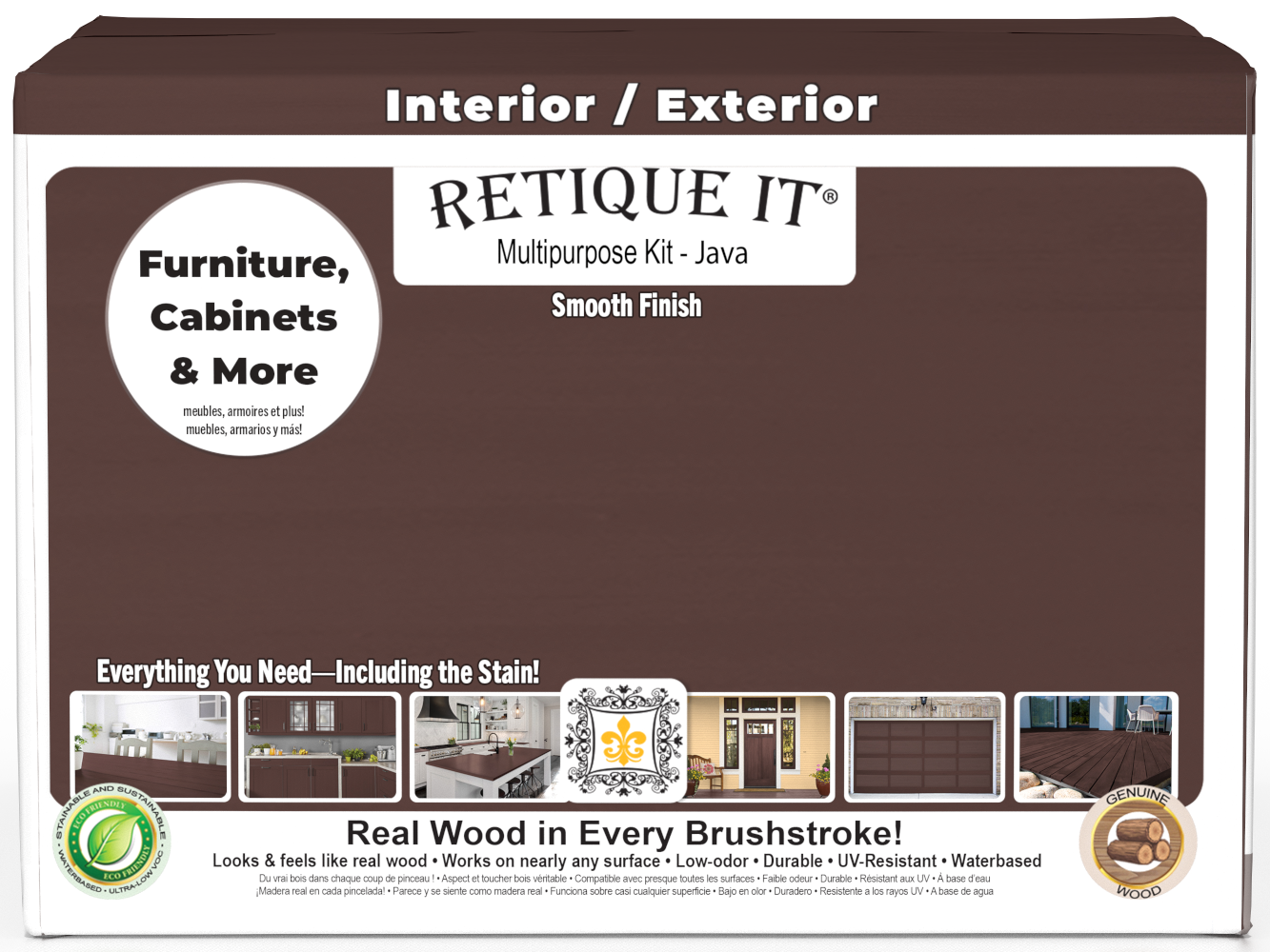 Retique It® Multi-purpose Smooth Finish Kit in Java for exterior wood projects, featuring four large wood top coats.