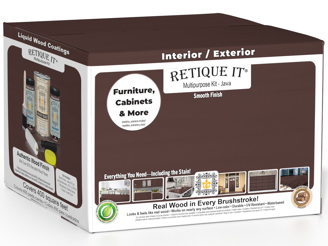 Retique It® Multi-purpose Smooth Finish Kit in Java, exterior top coat wood finish with four large bottles in the box.