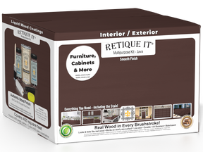 Retique It® Multi-purpose Smooth Finish Kit in Java, exterior top coat wood finish with four large bottles in the box.