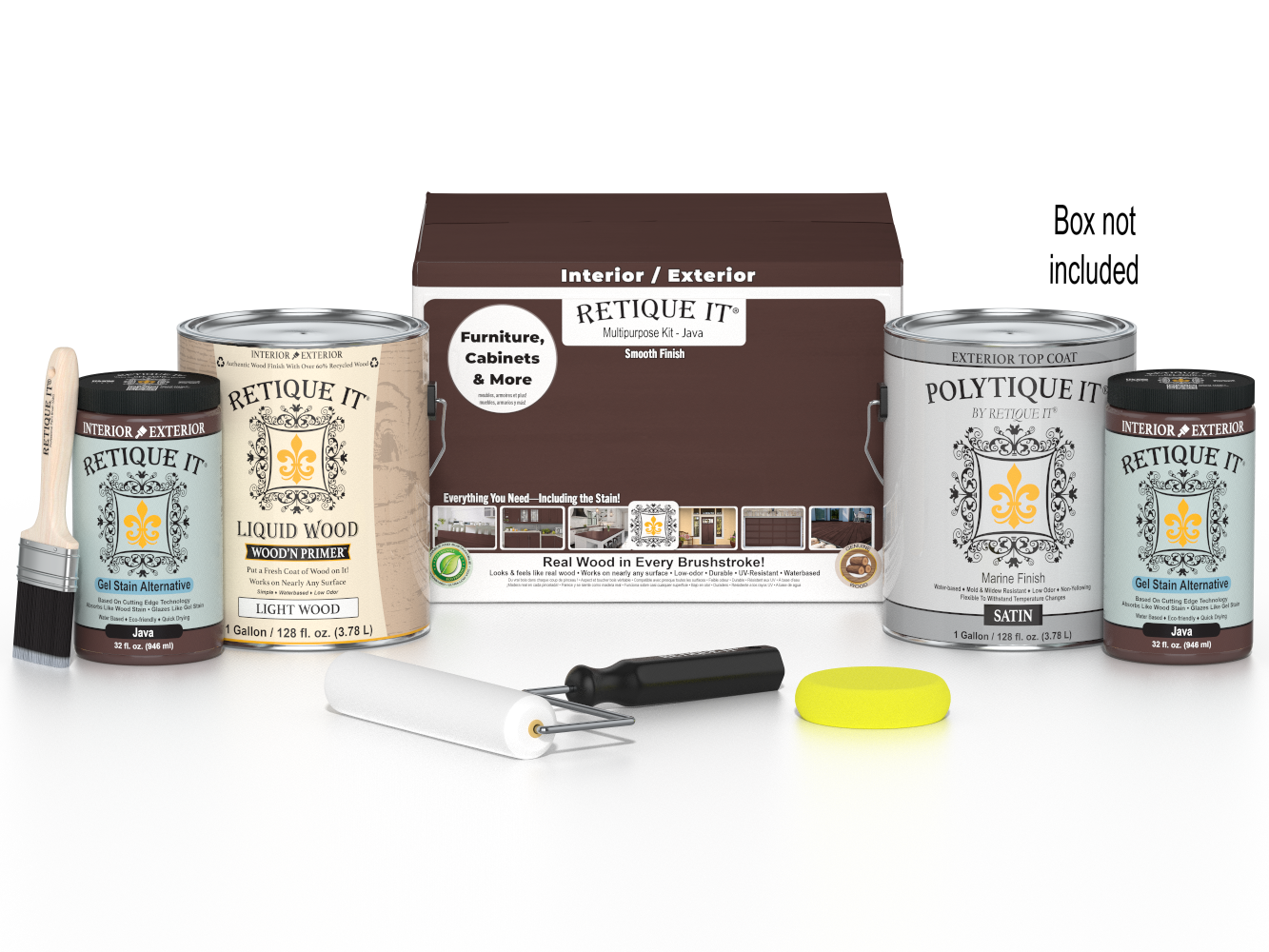 Retique It® Multi-purpose Smooth Finish Kit in Java with four large exterior top coat bottles, ideal for wood finishing projects.
