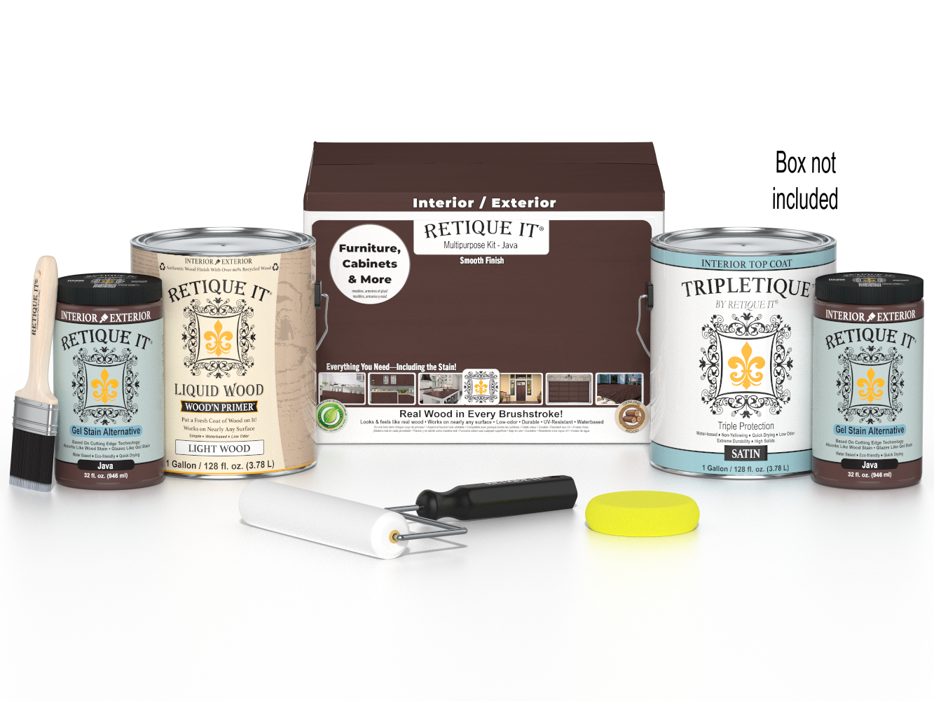 Retique It® Multi-purpose Smooth Finish Kit for Java wood interior top coat, satin finish with four large bottles and application tools.