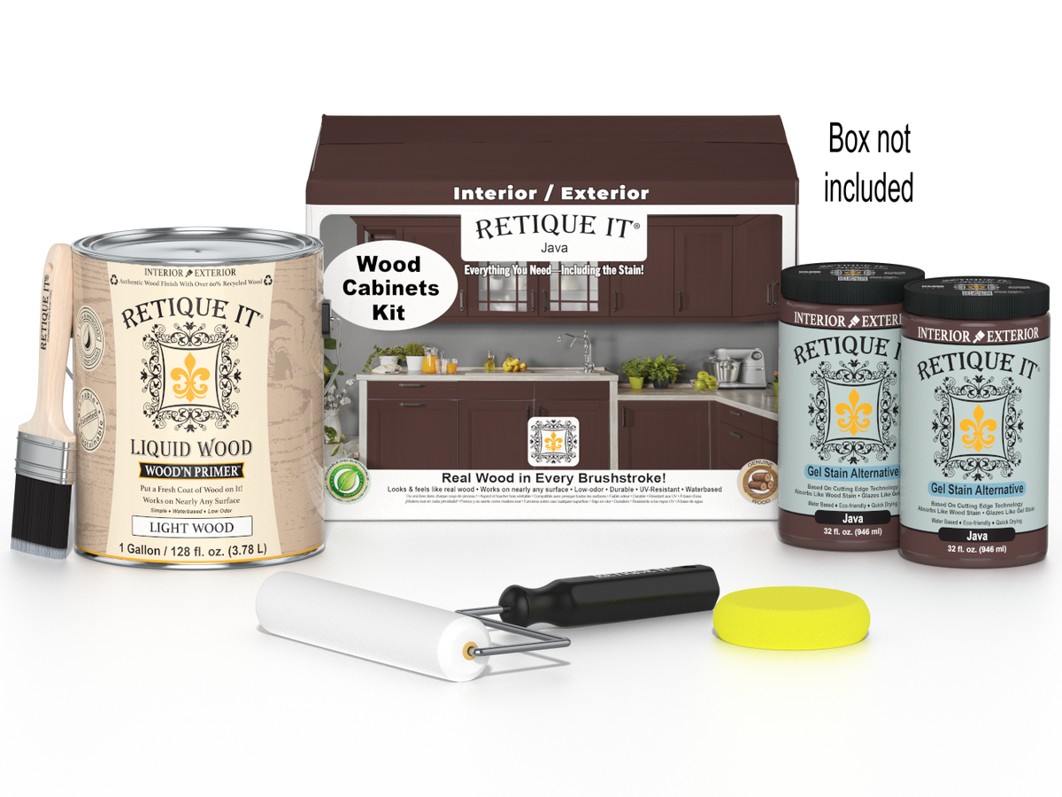 Retique It® Wood'n Cabinet Kit with 48 Java-colored smooth cabinet doors, showcasing stained wood finish and modern design.