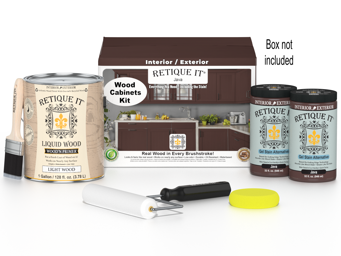 Retique It® Wood'n Cabinet Kit with 48 Java-colored smooth cabinet doors, showcasing stained wood finish and modern design.