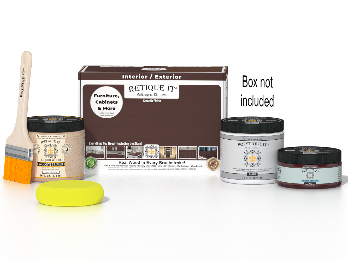 Retique It® Java Multi-purpose Smooth Finish Kit for exterior wood, includes top coat, shown with application tools and packaging.