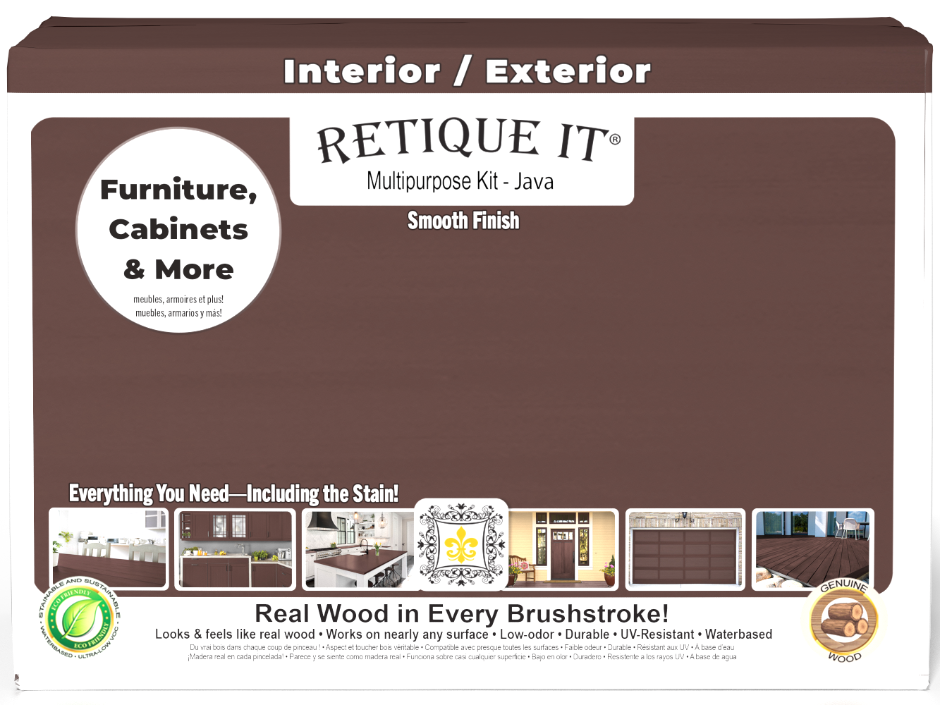 Retique It® Multi-purpose Smooth Finish Kit (Large) in Java for interior wood top coating, with brush and supplies in box.
