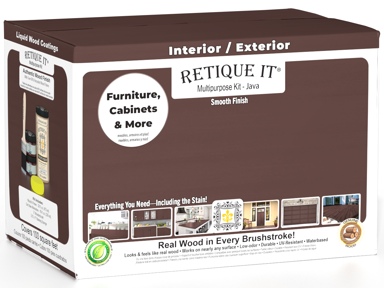 Large Java Multi-purpose Smooth Finish Kit by Retique It® for interior wood top coating, includes wood finishing tools and materials.