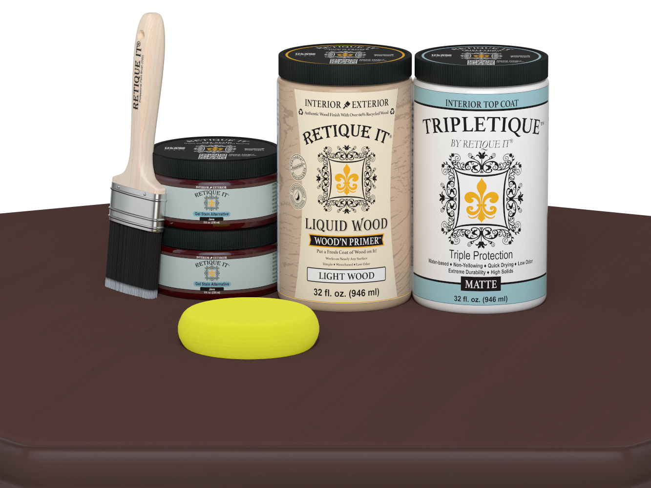 Retique It® Multi-purpose Smooth Finish Kit in Java, large interior top coat for wood furniture with matte finish.