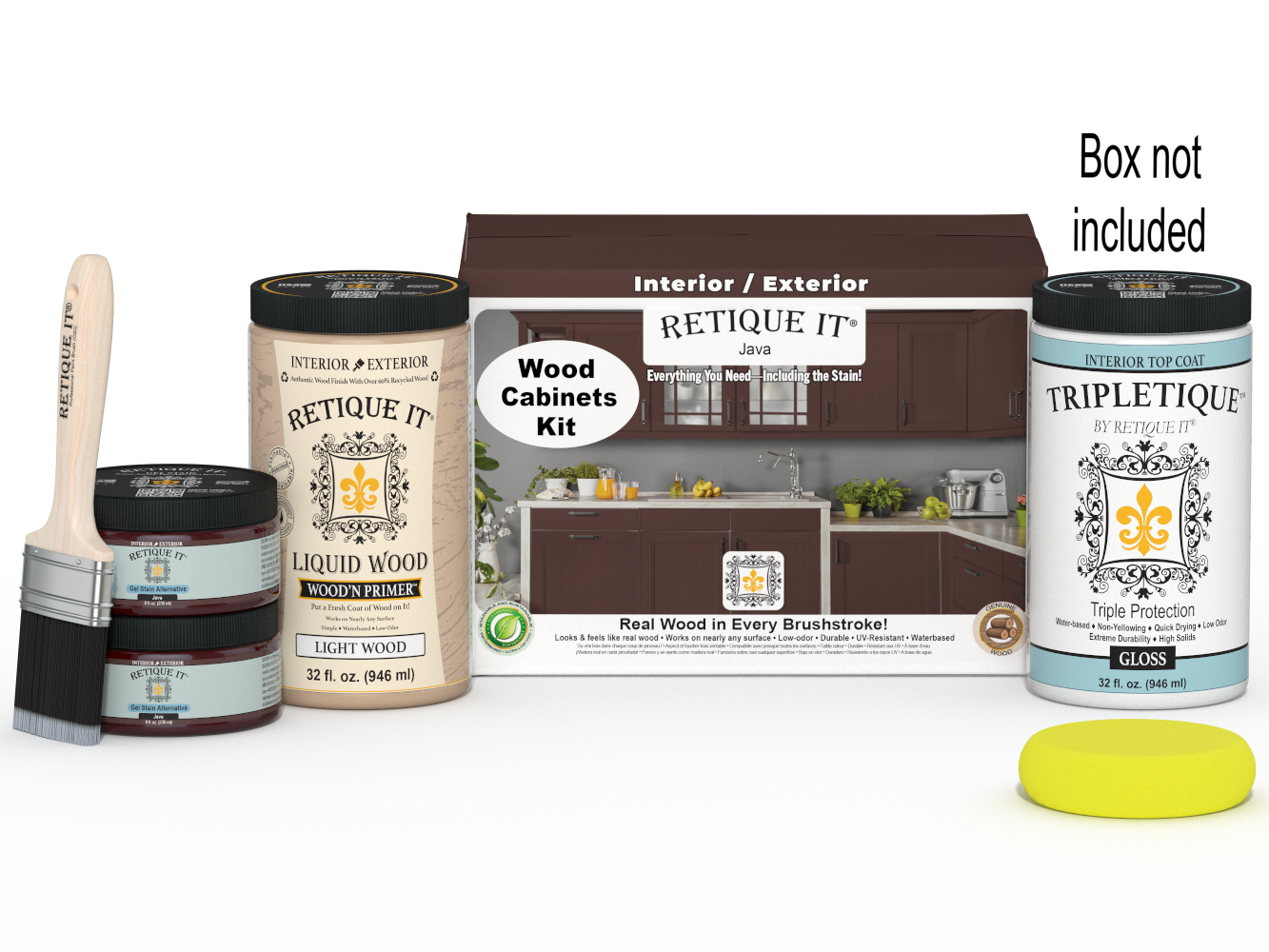 Retique It® Wood'n Cabinet Kit with 12 smooth Java stain cabinet doors, showcasing natural wood finish and modern design.
