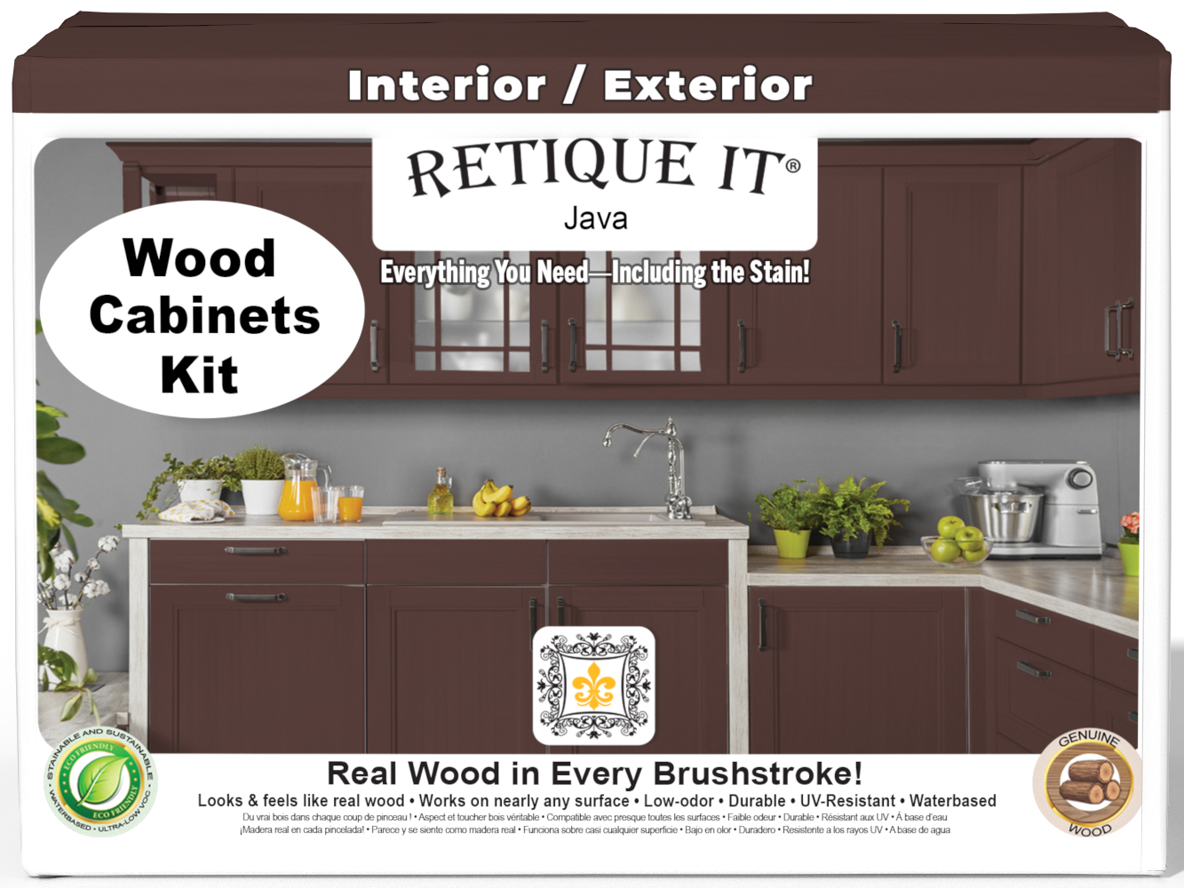 Retique It® Wood'n Cabinet Kit with 24 Java-stained smooth cabinet doors, showcasing natural wood finish and sleek design.
