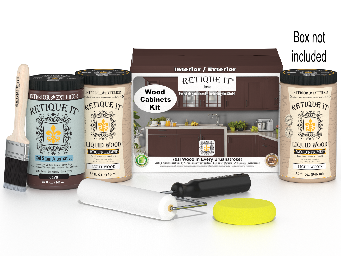 Retique It® Wood'n Cabinet Kit in Java stain showing 24 smooth cabinet doors with natural wood finish.