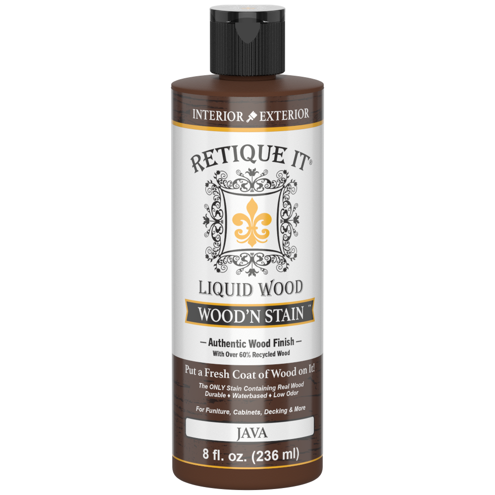 Retique It Liquid Wood Wood'n Stain in Java, 8 oz bottle, showcasing the rich brown stain suitable for wood finishing.